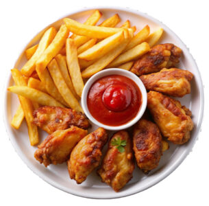 Pouletflügel mit Pommes